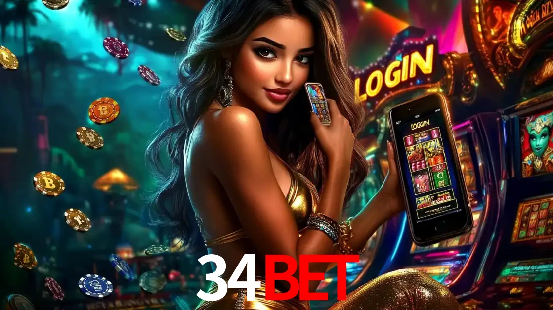 Mulher em um cenário de cassino temático de aventura, mostrando o app de caça-níqueis da 34BET no celular. Fichas de apostas flutuam ao redor.