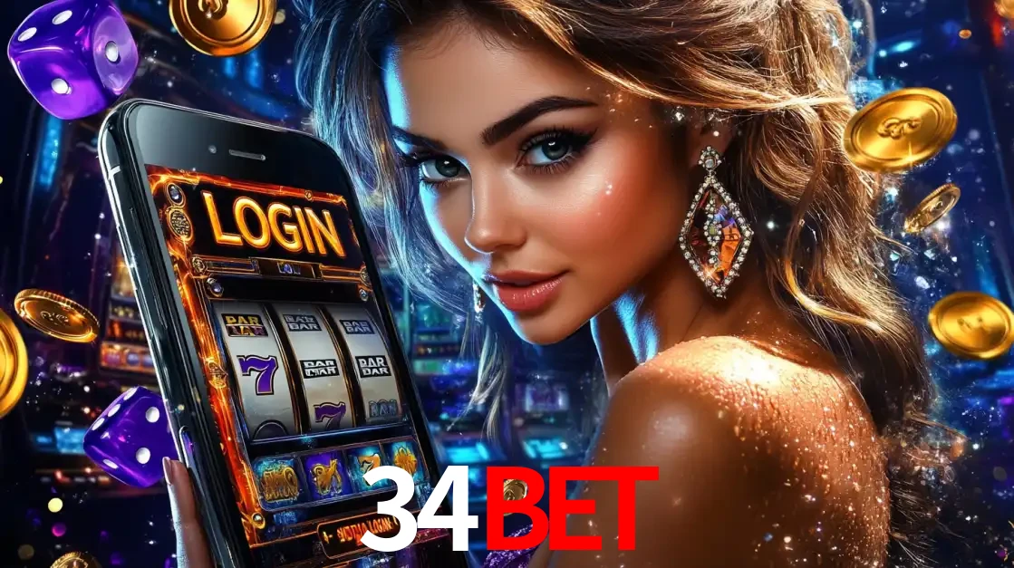 Mulher glamorosa segurando um smartphone com a tela de login para os jogos de caça-níqueis do cassino online 34BET, com moedas de ouro e dados ao redor.