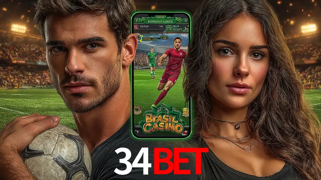 Homem segurando uma bola de futebol e uma mulher ao lado de um smartphone exibindo o jogo de apostas esportivas da 34BET. Faça seu palpite no cassino online.